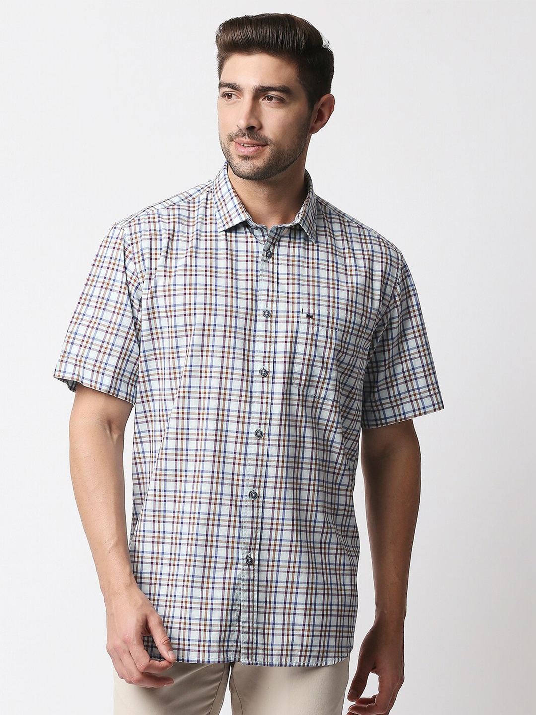 

Basics Men Blue & Brown Slim Fit Checked Pure Cotton Casual Shirt