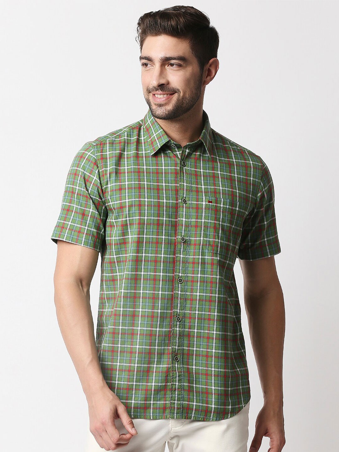 

Basics Men Green & White Slim Fit Tartan Checks Checked Casual Shirt