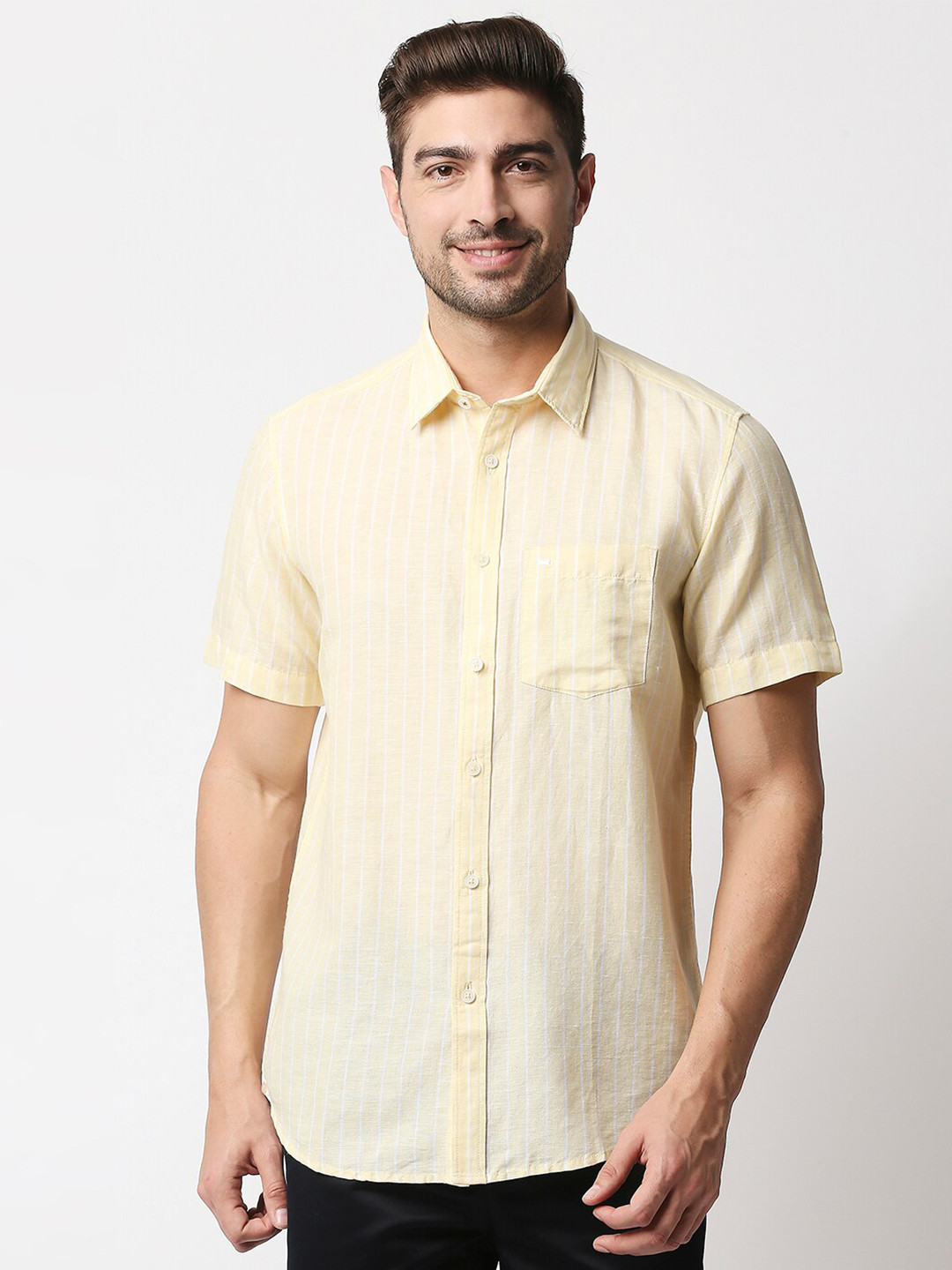 

Basics Men Yellow Slim Fit Casual Cotton Linen Shirt