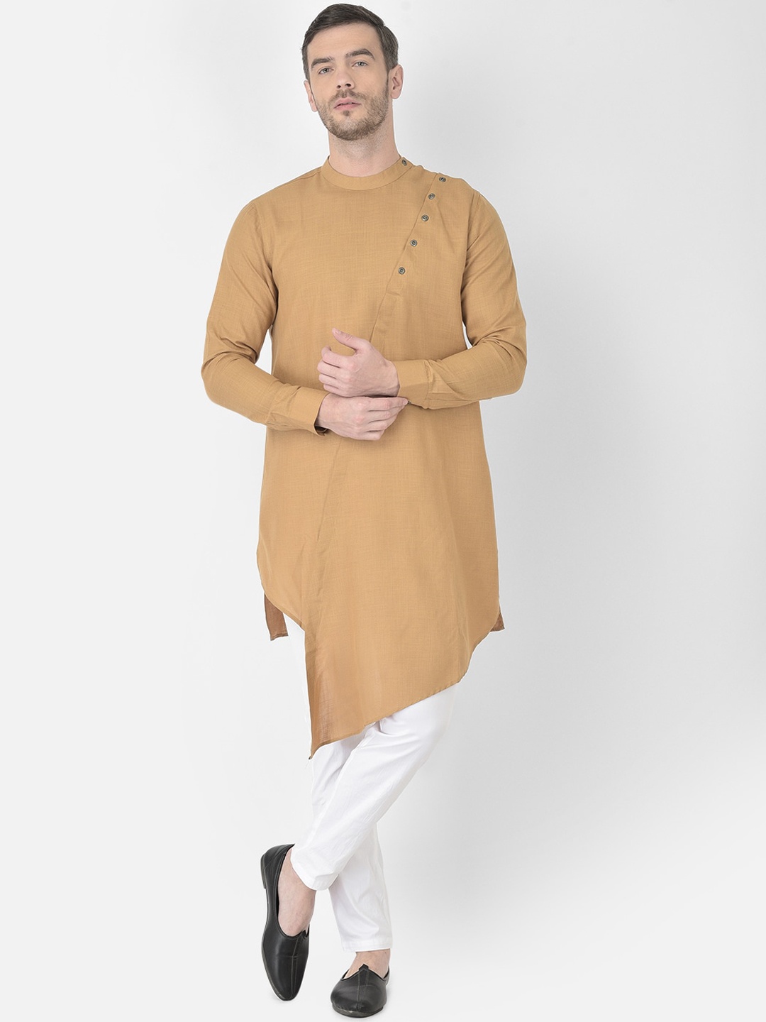 

SG LEMAN Men Brown & White Pure Cotton Angrakha Asymmetric Kurta with Pyjamas
