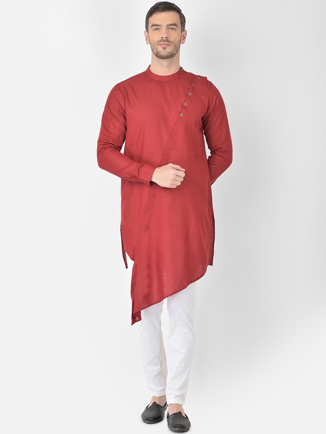 

SG LEMAN Men Maroon Angrakha Pure Cotton Kurta with Trousers