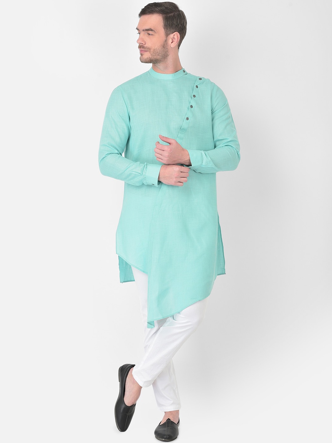 

SG LEMAN Men Turquoise Blue Angrakha Pure Cotton Kurta with Pyjamas