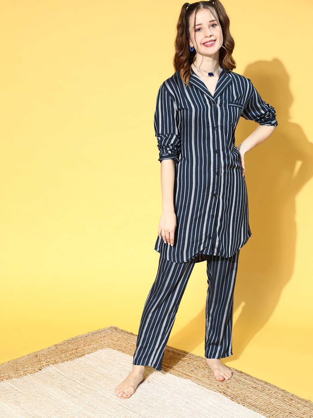 

DRAPE IN VOGUE Women Navy Blue & Grey Striped Night suit