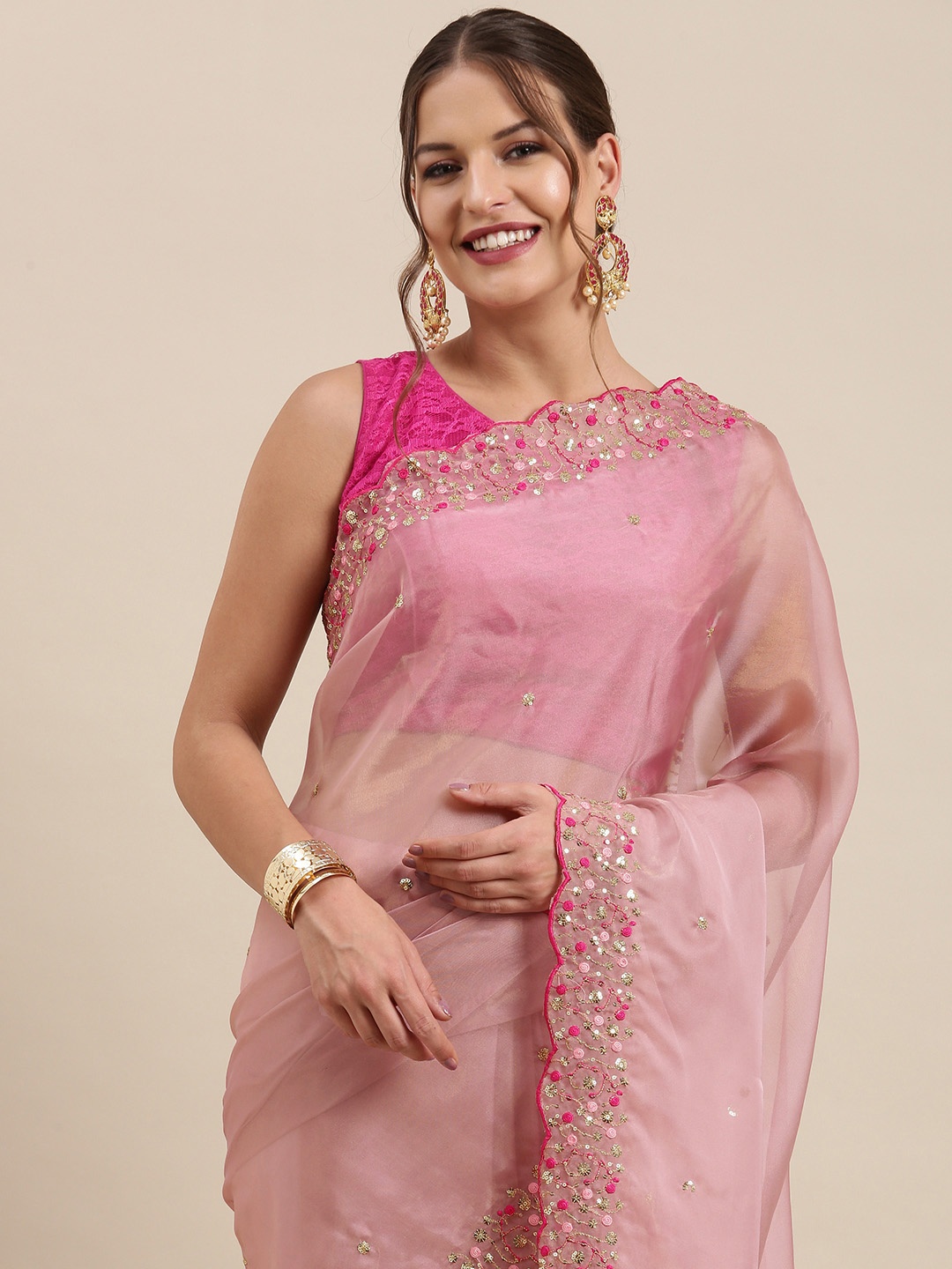 

PERFECTBLUE Pink & Gold Embellished Sequinned Organza Saree