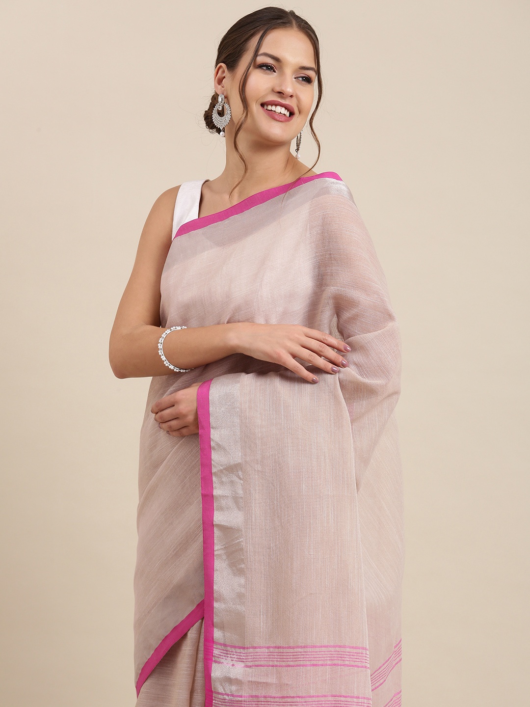 

PERFECTBLUE Beige & Pink Solid Cotton Linen Saree