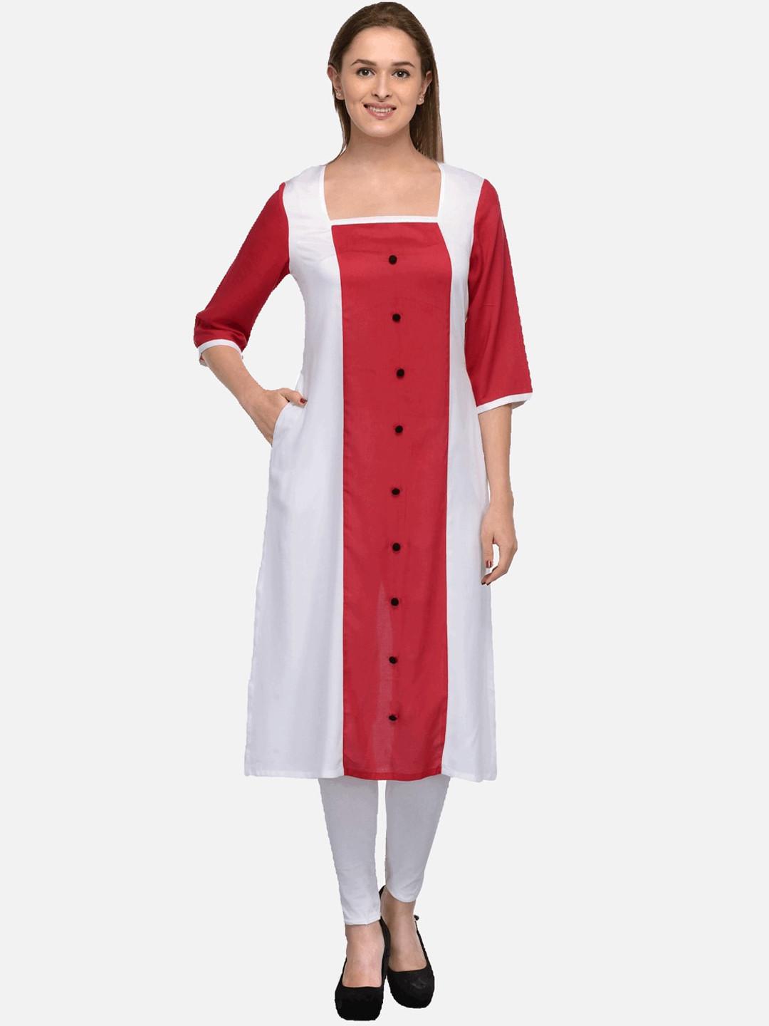 

KALINI Women White & Red Colourblocked Panelled Kurta