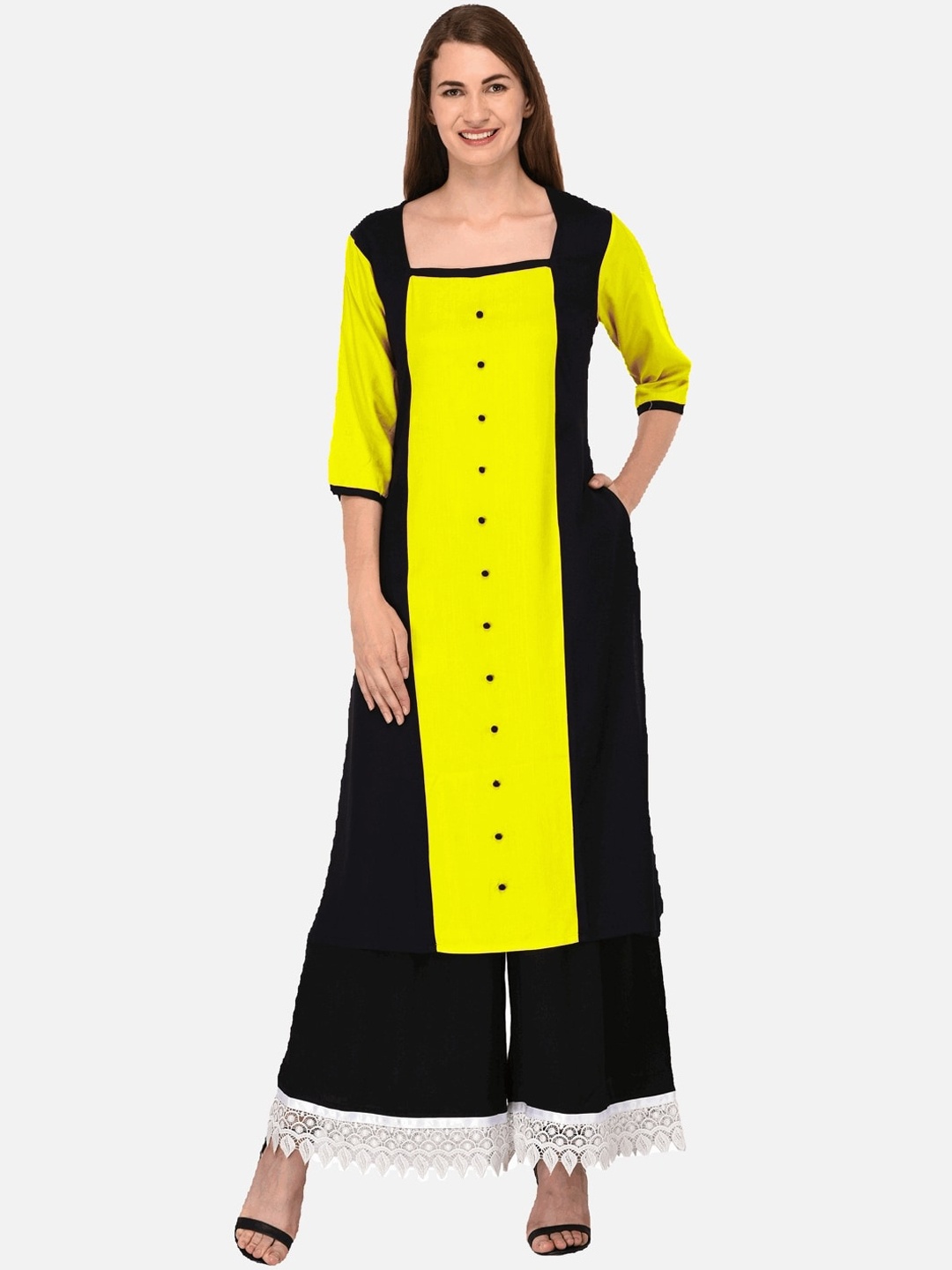 

KALINI Women Black & Yellow Colourblocked Tiering Kurta