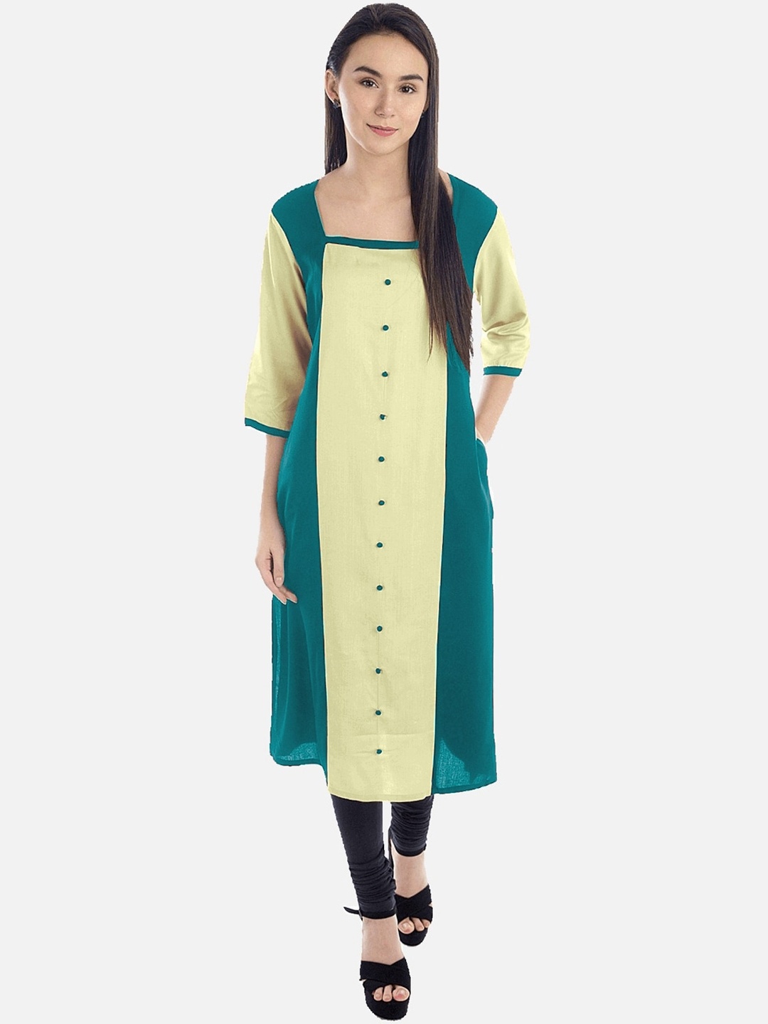 

KALINI Women Sea Green Colourblocked Panelled Kurta