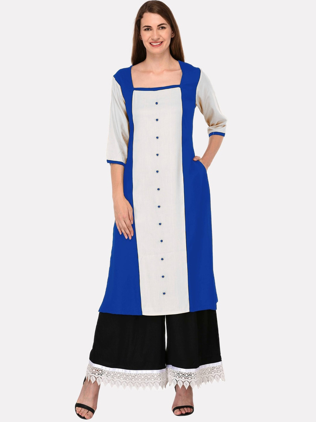 

KALINI Women Turquoise Blue Colourblocked A-Line Kurta