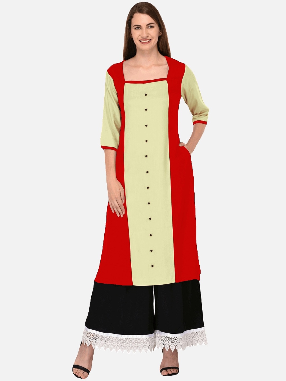 

KALINI Women Red & Green Colourblocked Cotton A-Line Kurta