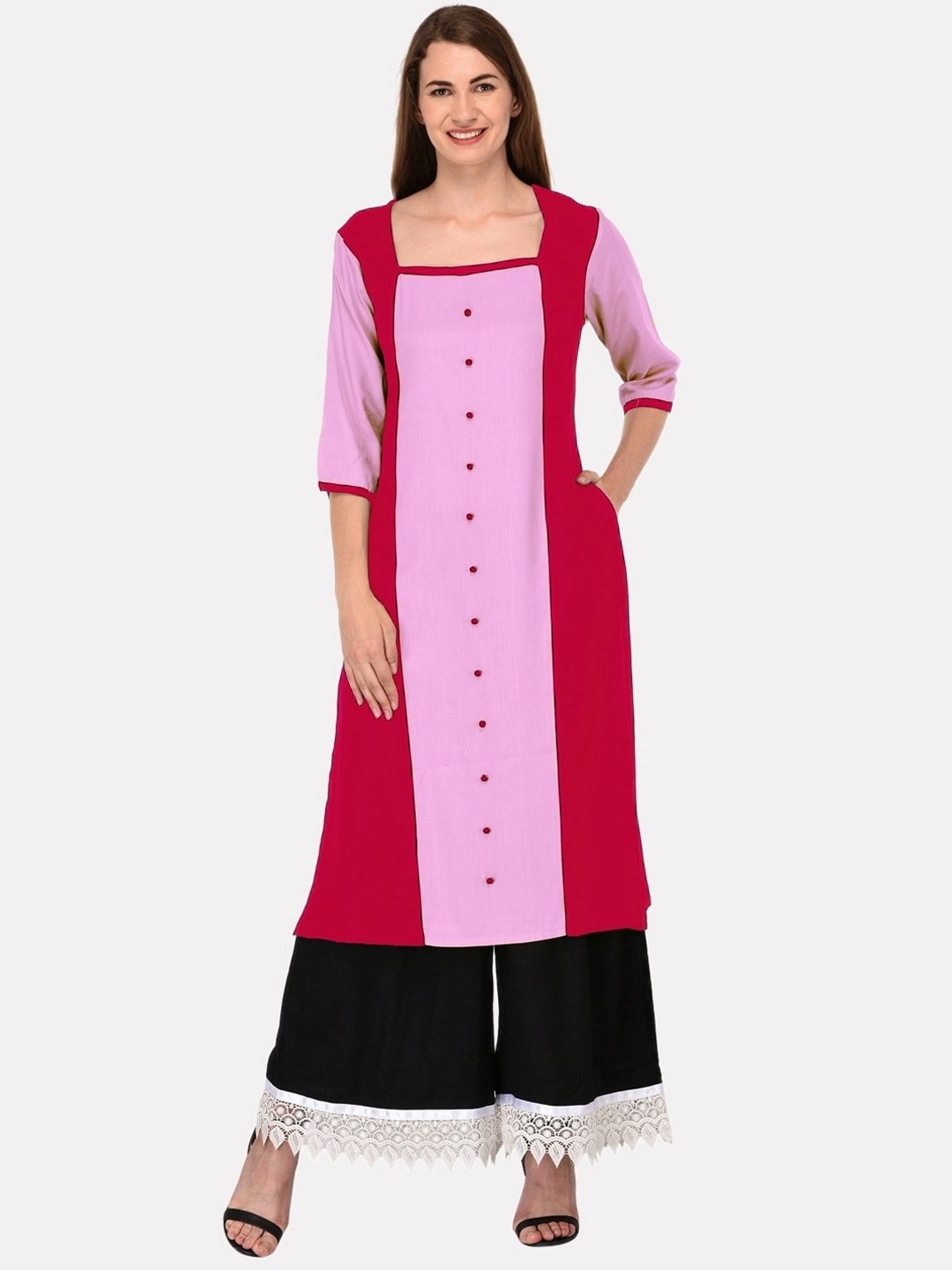 

KALINI Women Fuchsia Colourblocked Thread Work Tiering Kurta