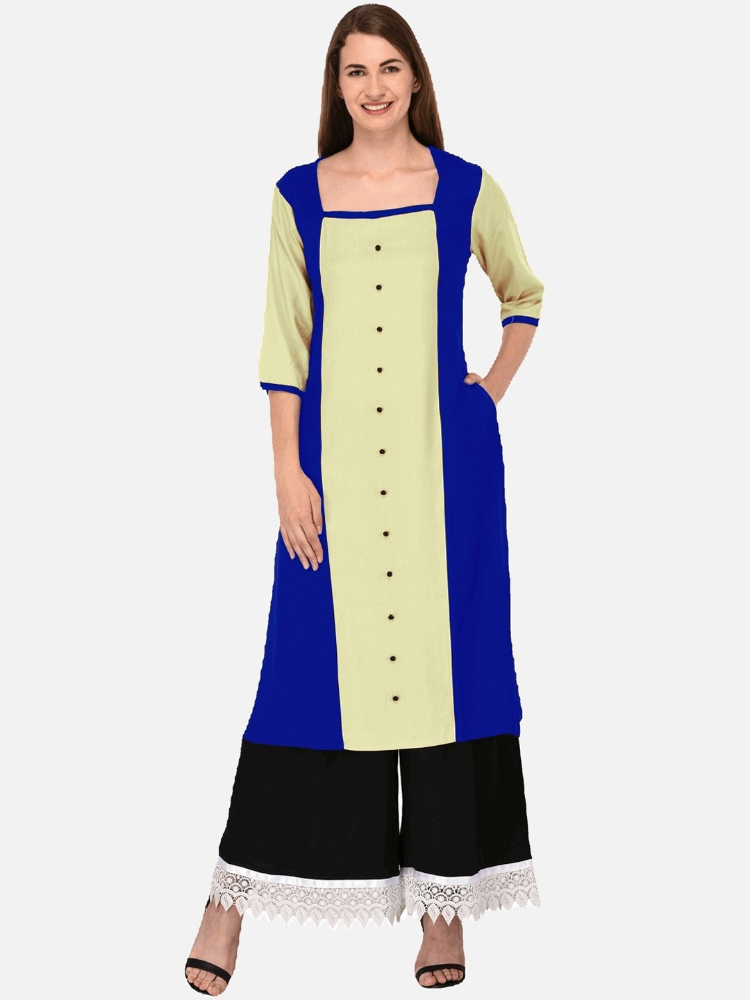 

KALINI Women Navy Blue Colourblocked Thread Work Kurta