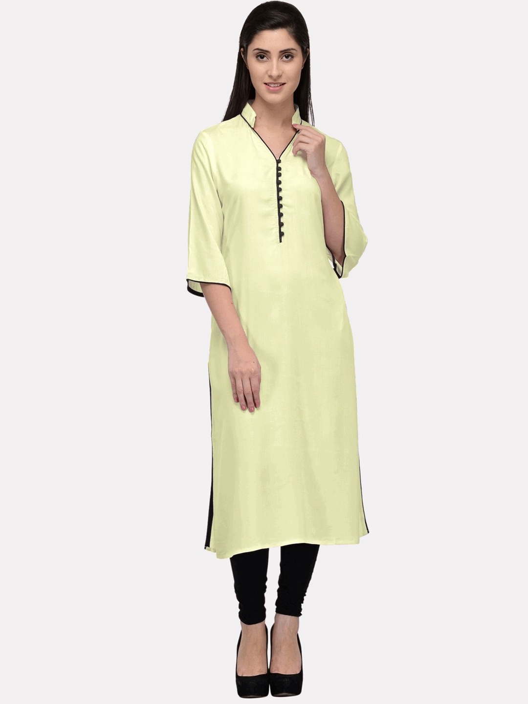 

KALINI Women Cream-Coloured Solid Thread Work Straight Kurta