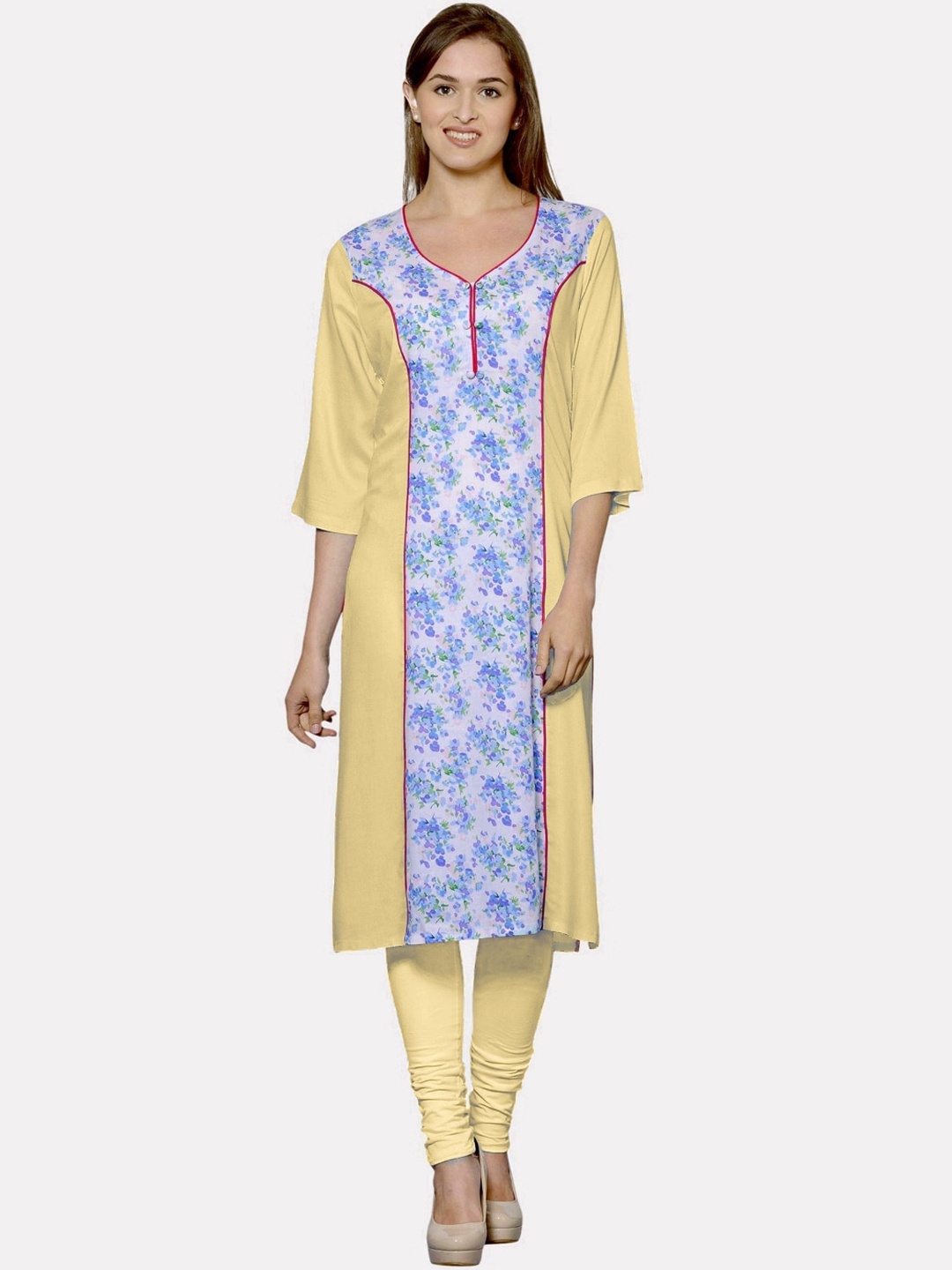 

KALINI Women Gold-Toned Ethnic Motifs Printed Mirror Work Block Print Kurta