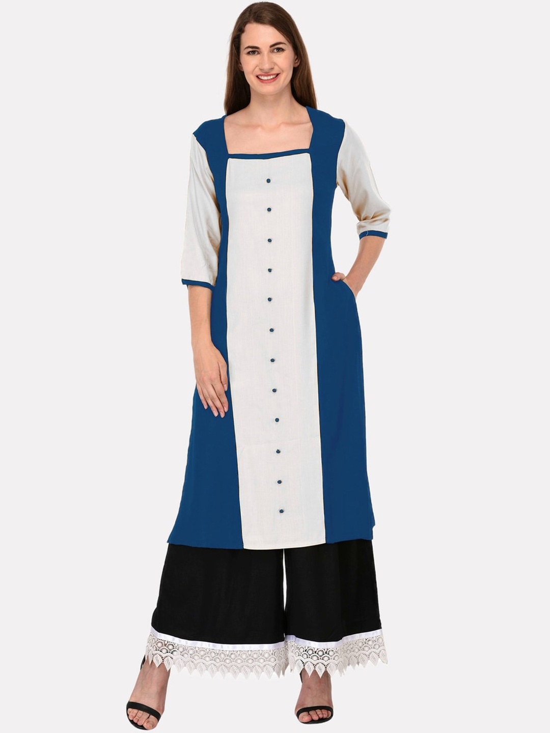 

KALINI Women Blue & White Colourblocked Tiering Kurta