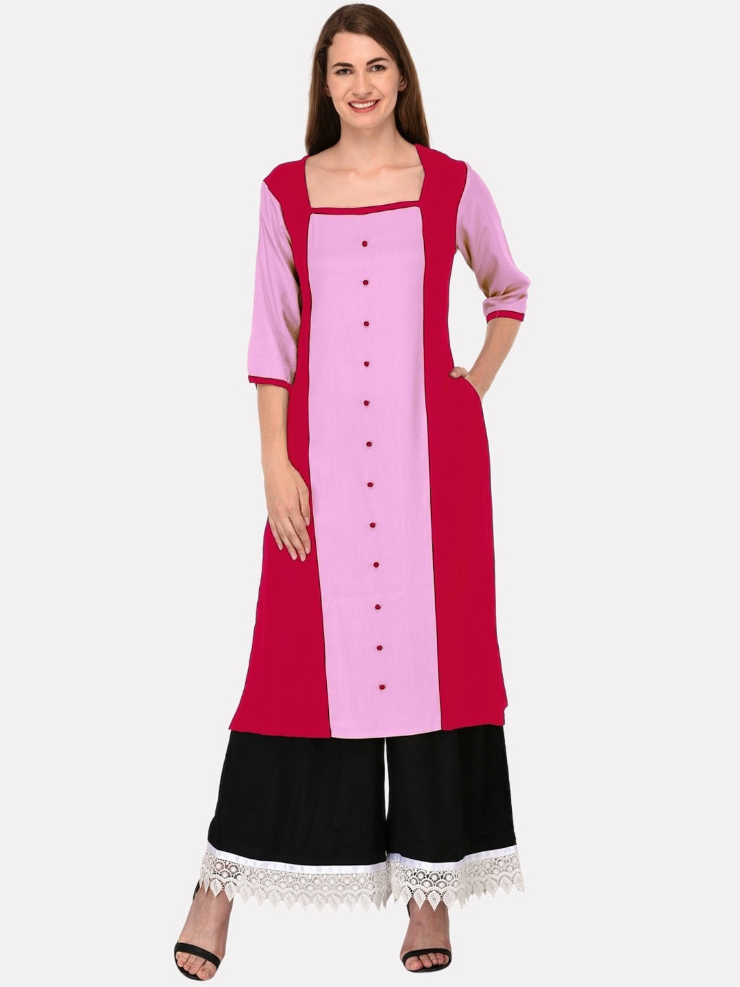 

KALINI Women Fuchsia Colourblocked Tiering Kurta