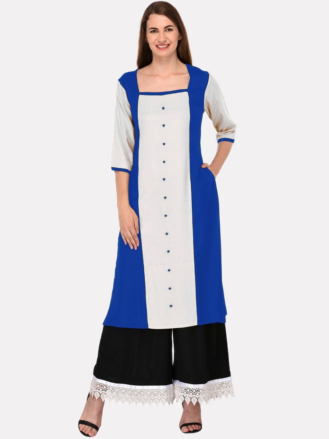 

KALINI Women Turquoise Blue & White Colourblocked Tiering Kurta
