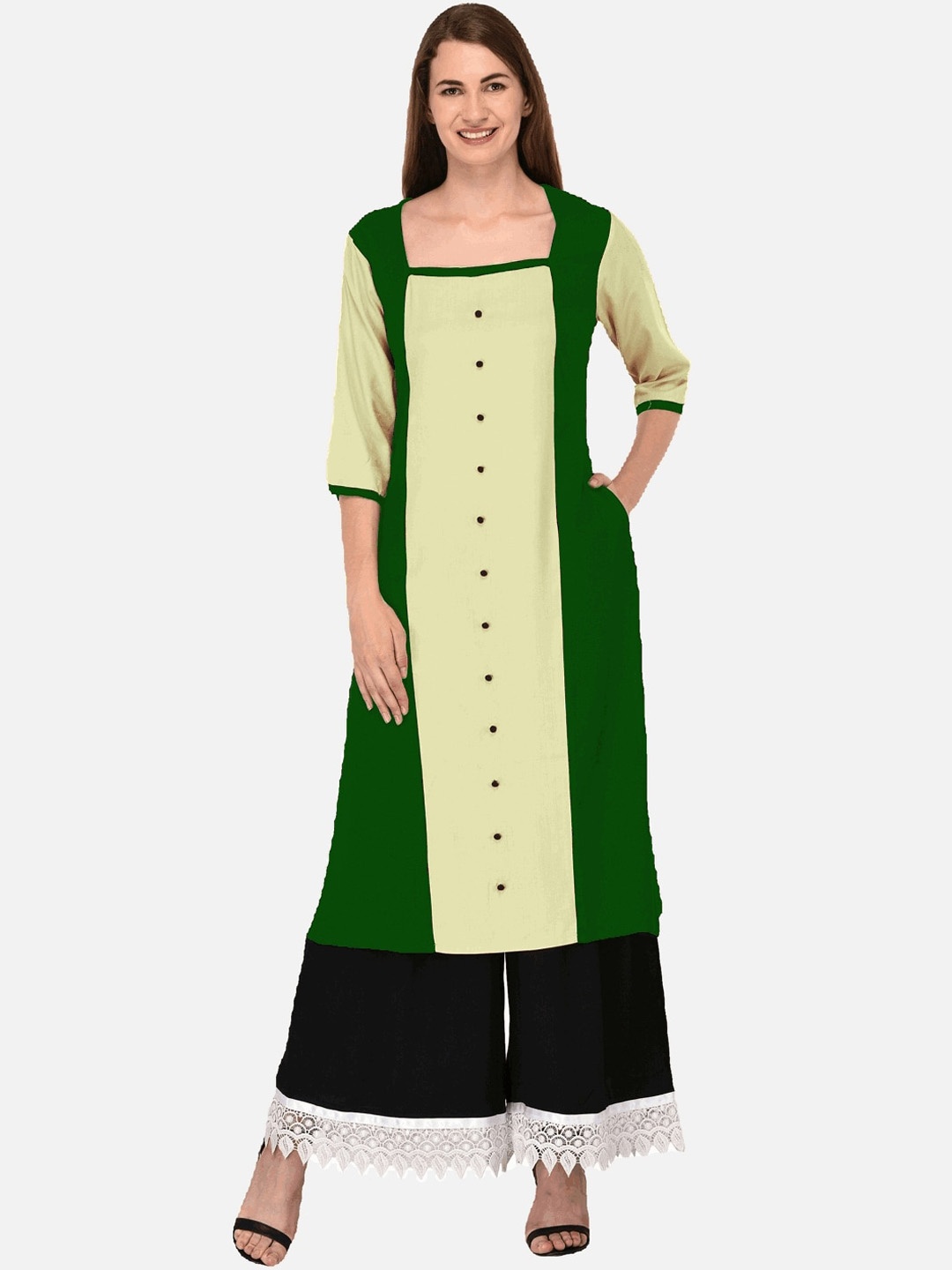 

KALINI Women Green & Cream-Coloured Colourblocked Tiering Kurta