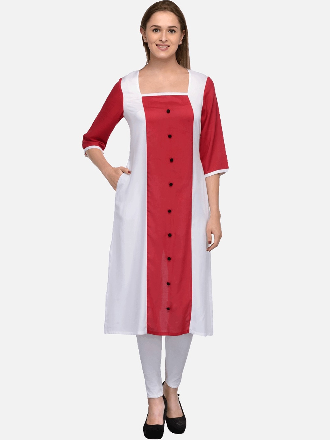 

KALINI Women White & Red Colourblocked Tiering Kurta