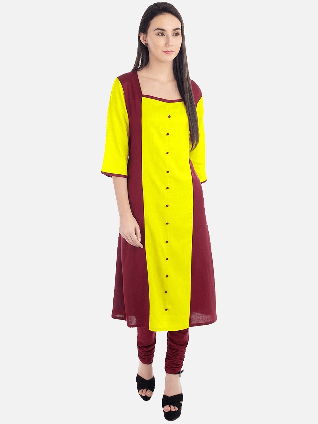 

KALINI Women Maroon Colourblocked Flared Sleeves Mirror Work Tiering Kurta