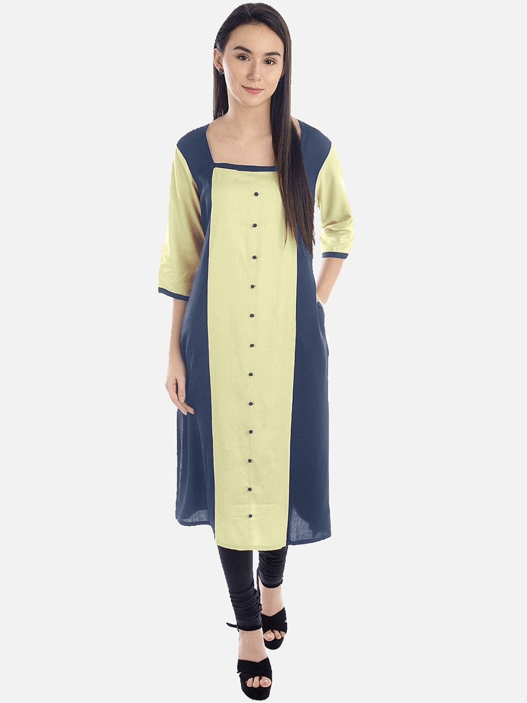 

KALINI Women Grey & Yellow Colourblocked Tiering Kurta