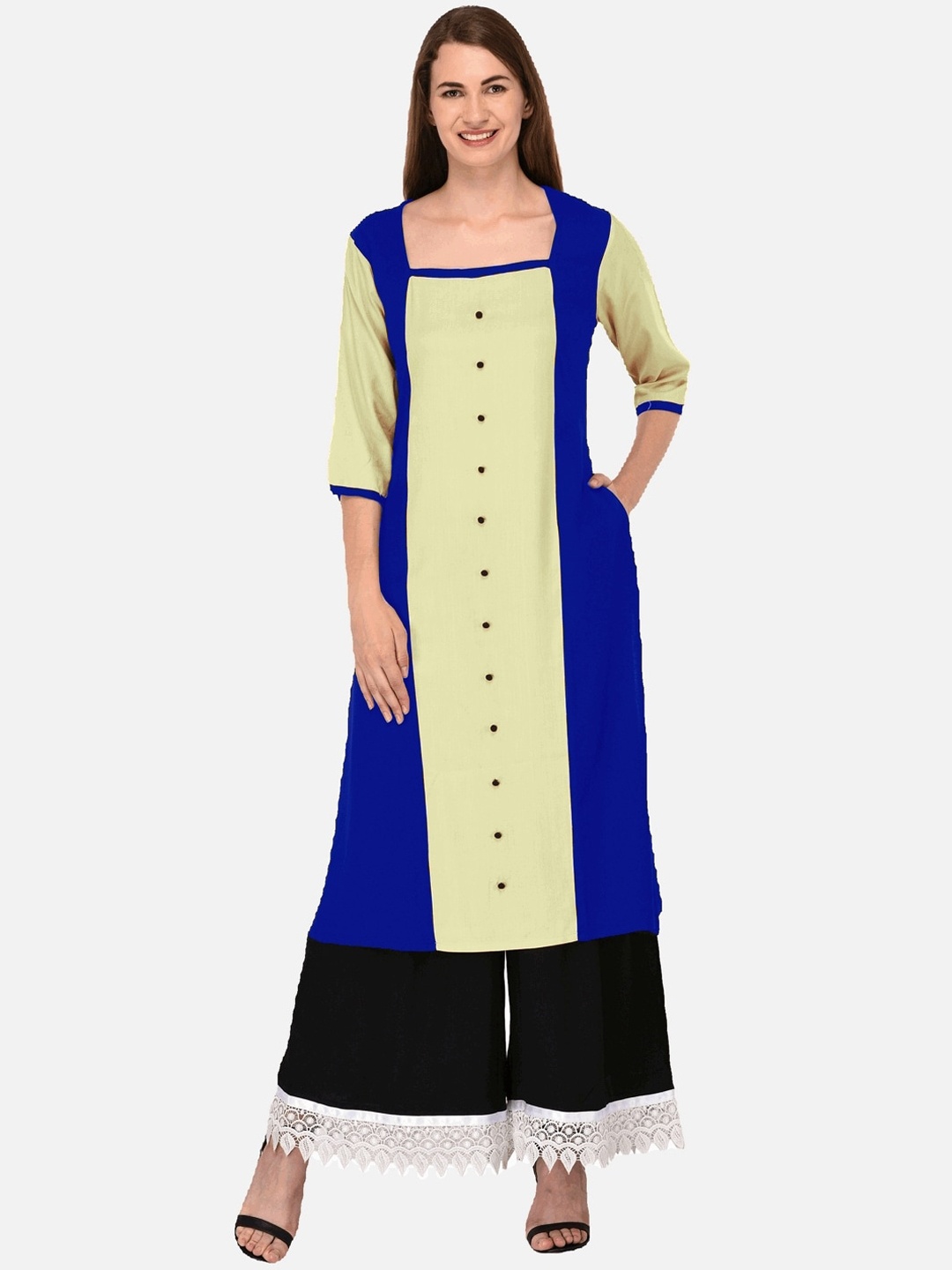 

KALINI Women Navy Blue & Yellow Colourblocked Tiering Kurta