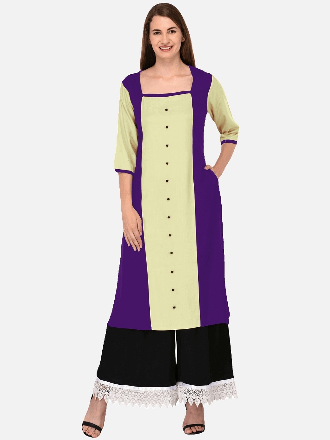

KALINI Women Purple & Cream-Coloured Colourblocked Tiering Kurta