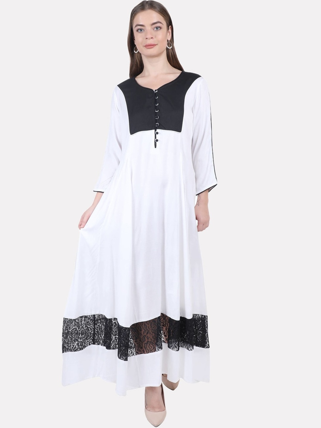 

KALINI Women White & Black Tiering Anarkali Kurta
