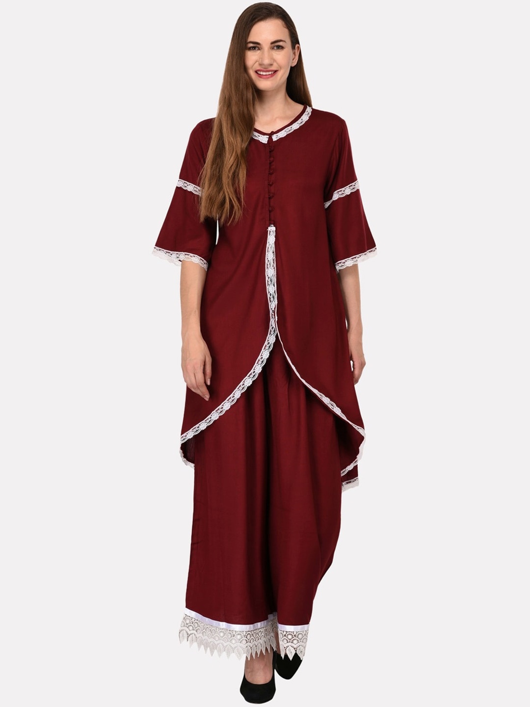 

KALINI Women Maroon Flared Sleeves Asymmetric Kurta