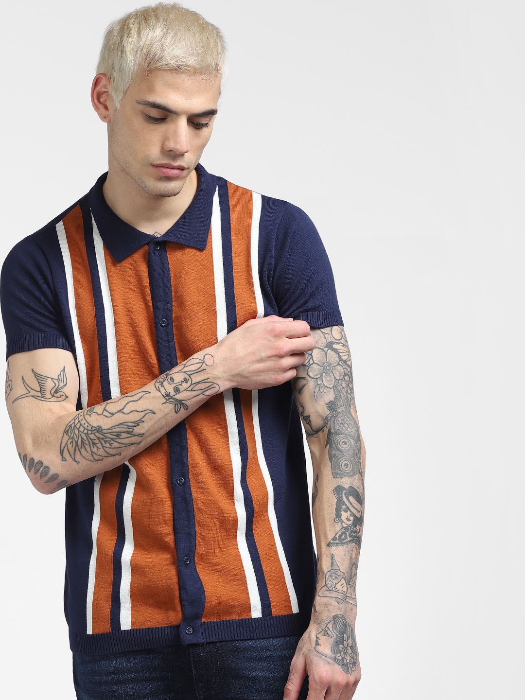 

Jack & Jones Men Navy Blue & Brown Striped Polo Collar Pure Cotton Slim Fit T-shirt
