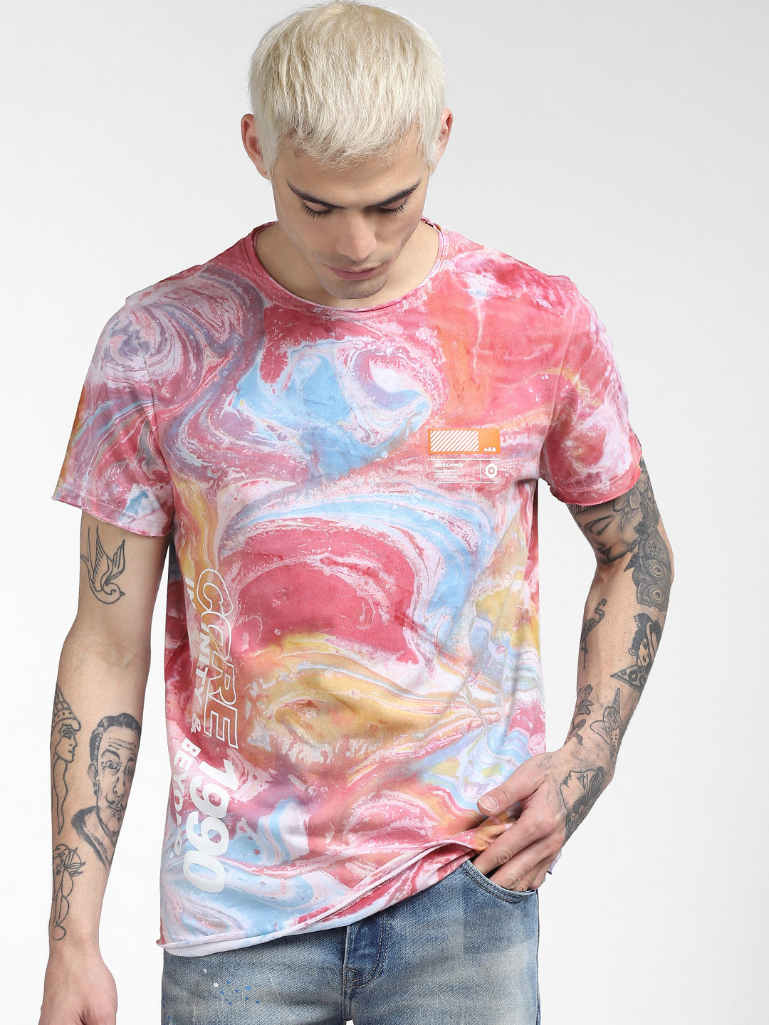 

Jack & Jones Men Pink & Blue Printed Pure Cotton T-shirt