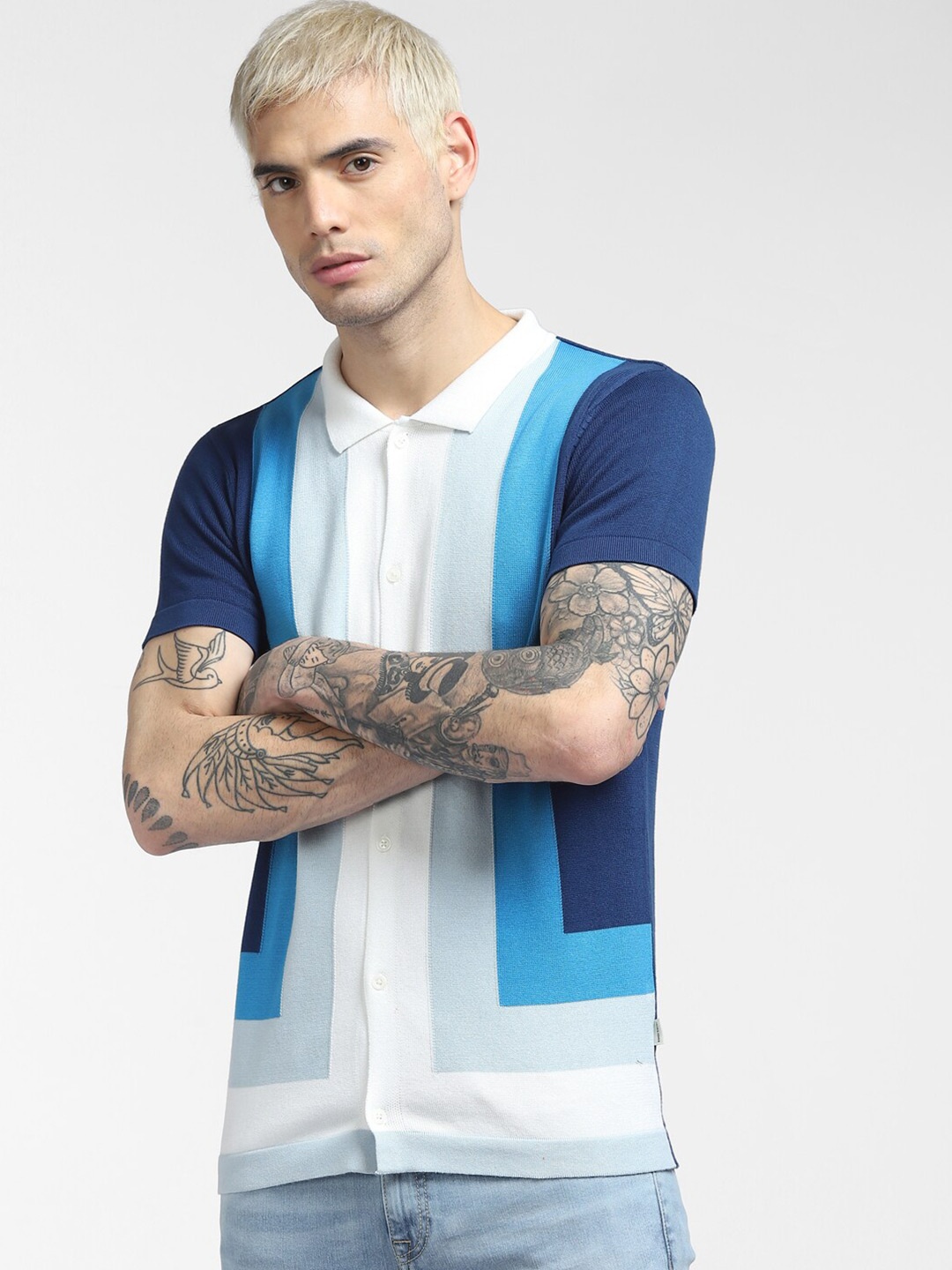 

Jack & Jones Men Blue & White Colorblocked Polo Collar Pure Cotton Slim Fit T-shirt
