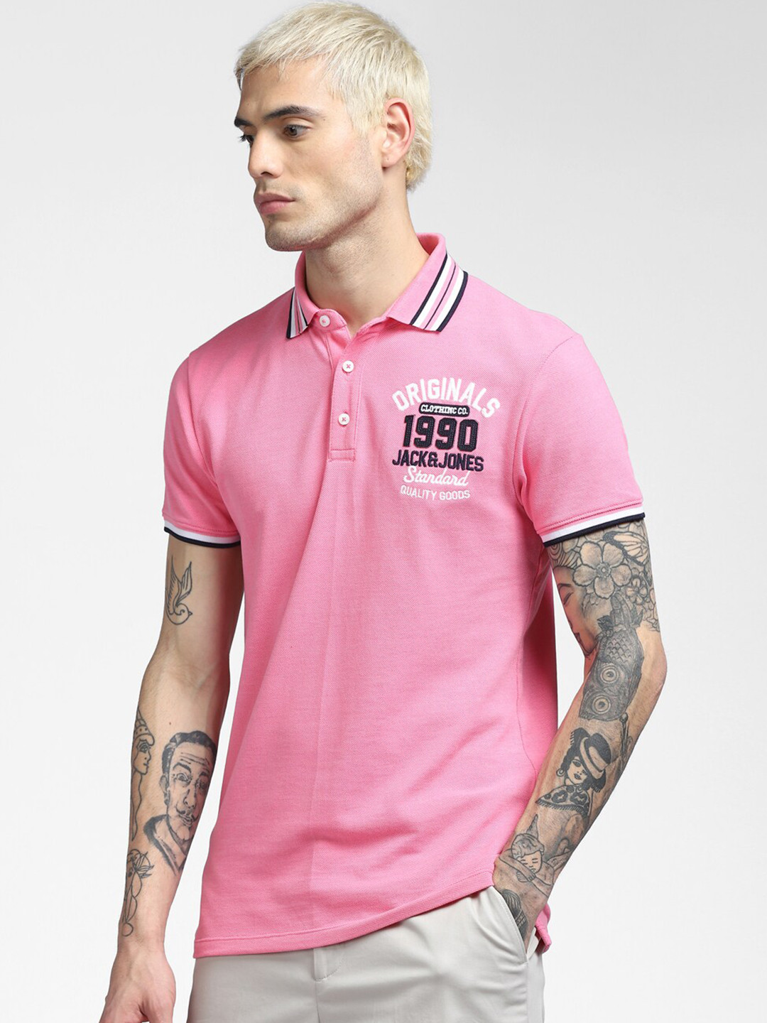 

Jack & Jones Men Pink & Black Brand Logo Polo Collar Applique Cotton Slim Fit T-shirt