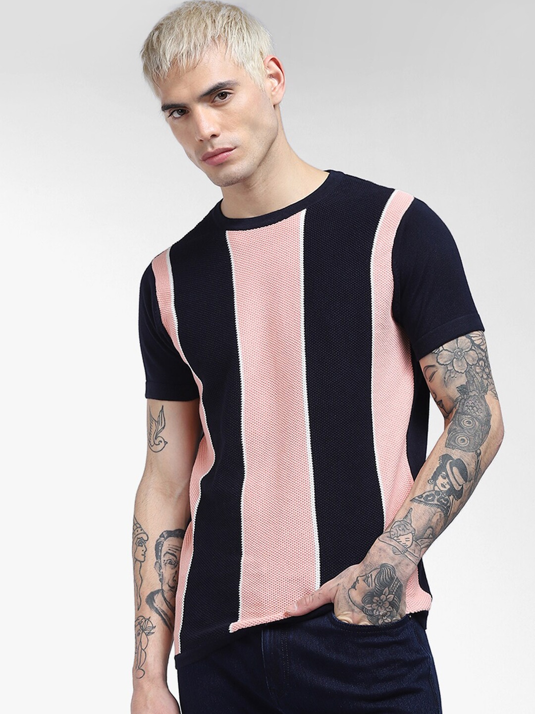 

Jack & Jones Men Navy Blue & Peach-Coloured Striped Pure Cotton Slim Fit T-shirt