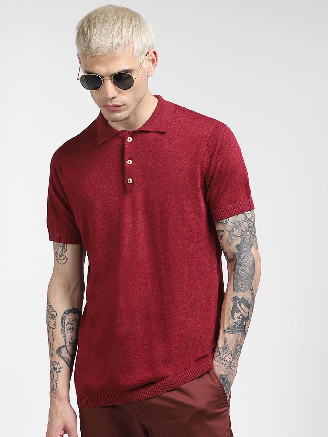 

Jack & Jones Men Red Polo Collar Linen Blend Slim Fit T-shirt