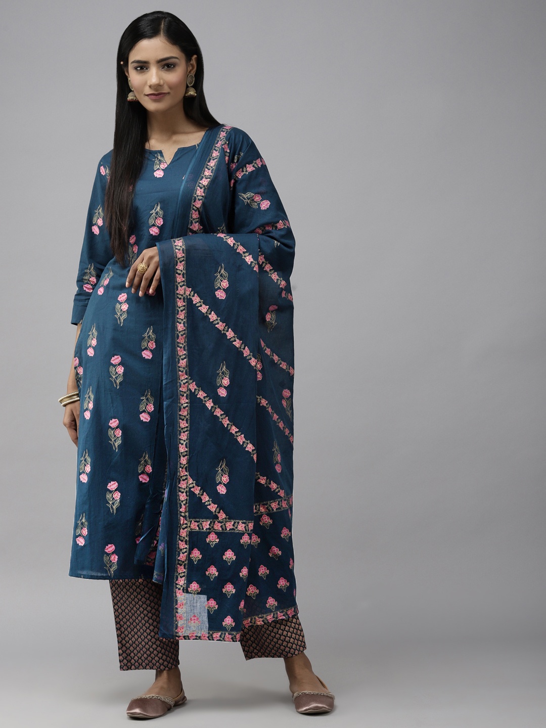 

Yufta Women Teal Blue Floral Printed Pure Cotton Kurta with Trousers & With Dupatta