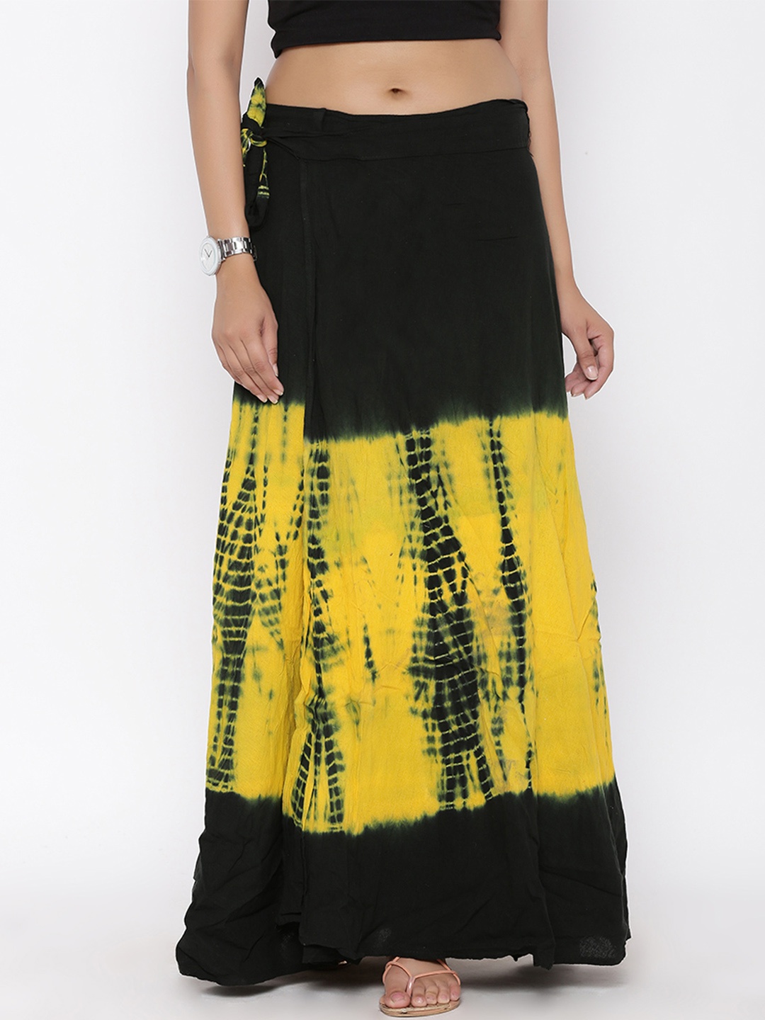 

SOUNDARYA Black & Yellow Tie-Dyed Print Wrap-Around Maxi Skirt