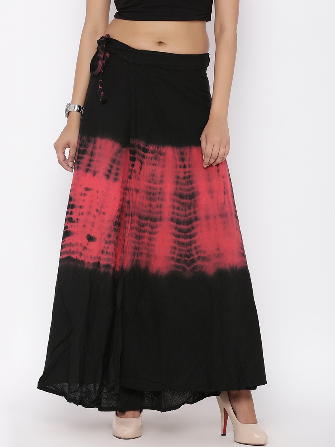 

SOUNDARYA Black & Red Tie-Dyed Print Wrap-Around Maxi Skirt