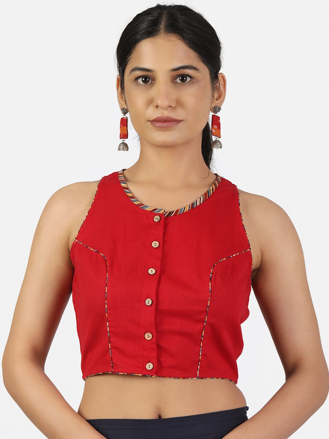 

Llajja Women Red Solid Pure Cotton Saree Blouse