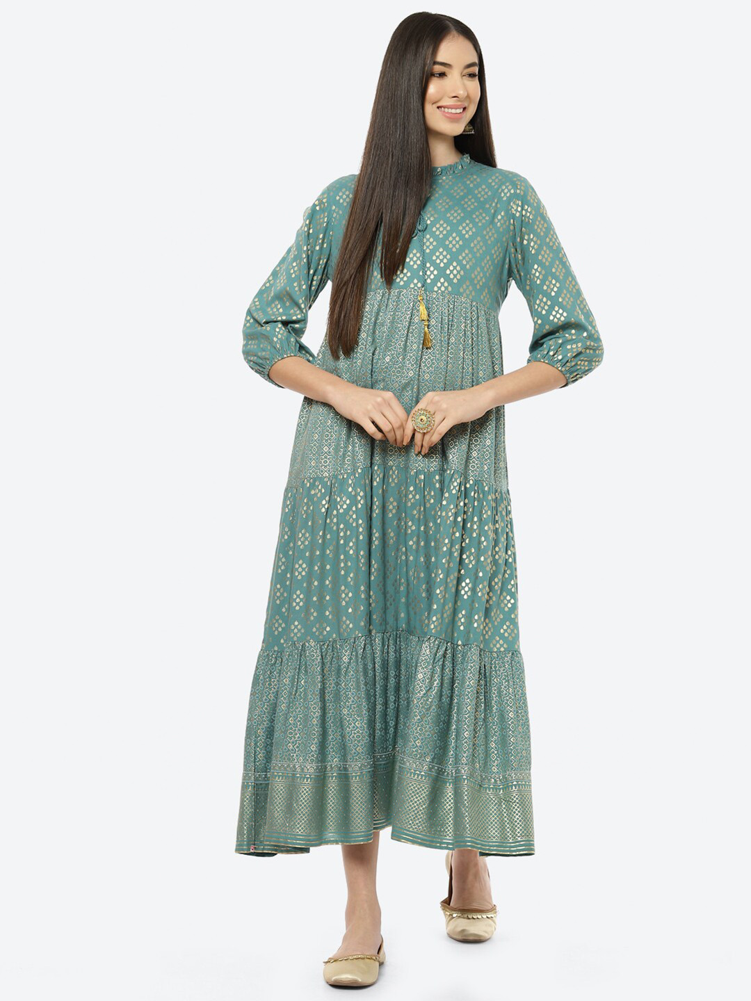 

Rangriti Green & Golden Printed A-Line Maxi Dress