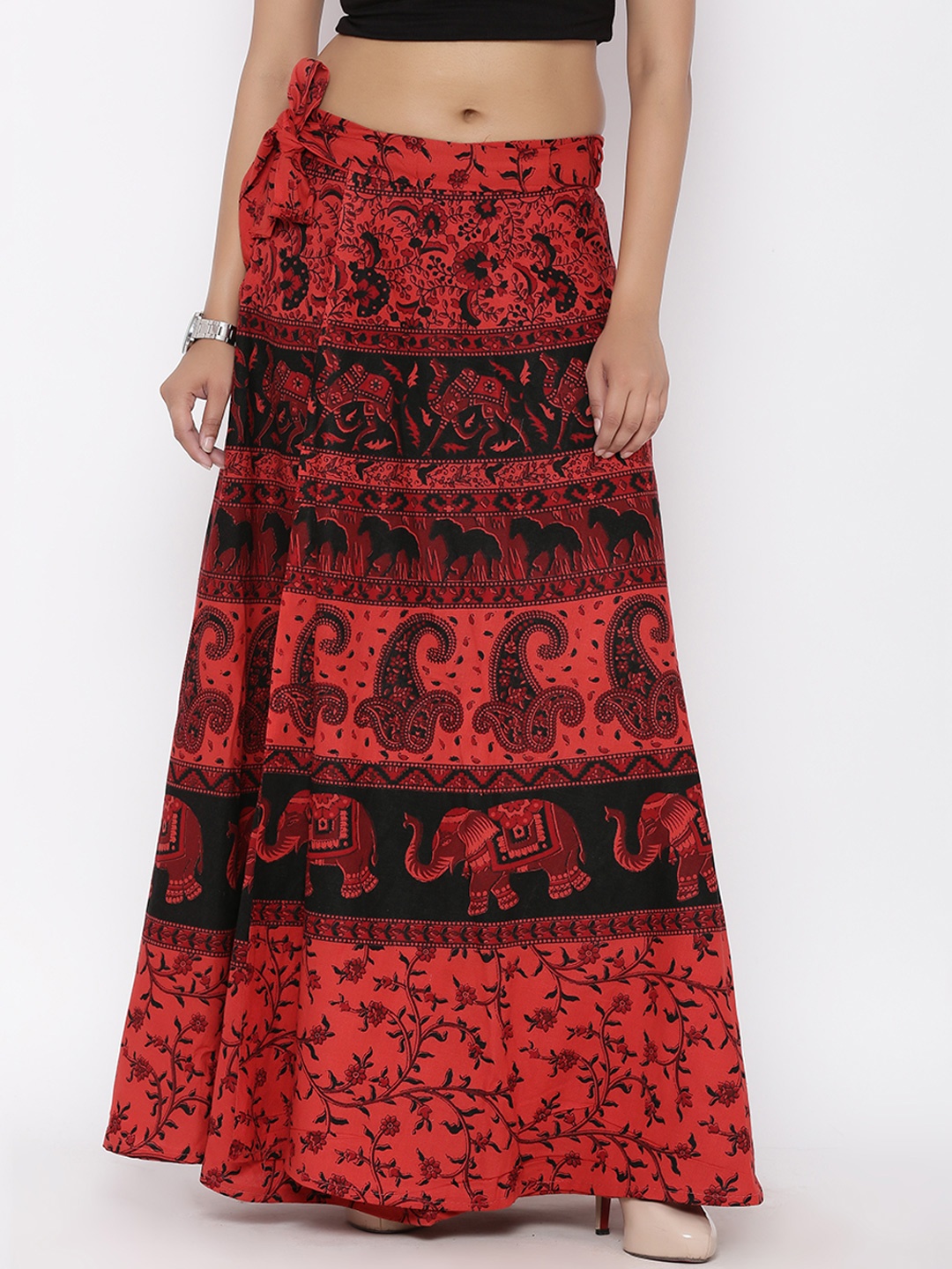 

SOUNDARYA Red & Black Printed Wrap-Around Maxi Skirt