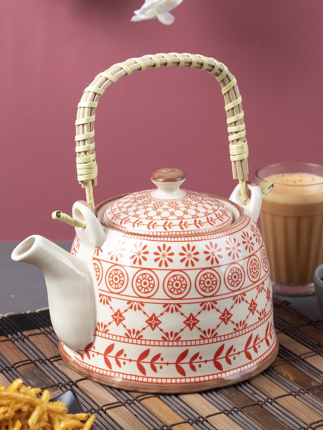 

MARKET99 Red & White Geometric Printed Ceramic Glossy Kettle