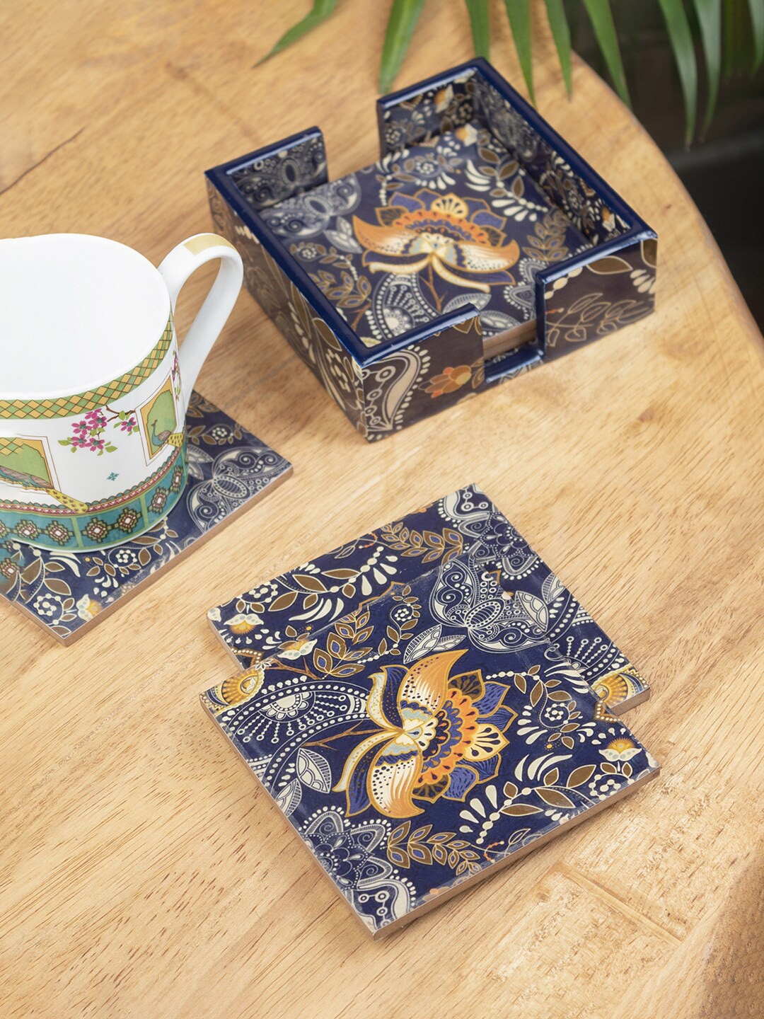 

MARKET99 Set Of 6 Wooden Coaster Set with Holder Tableware, Navy blue