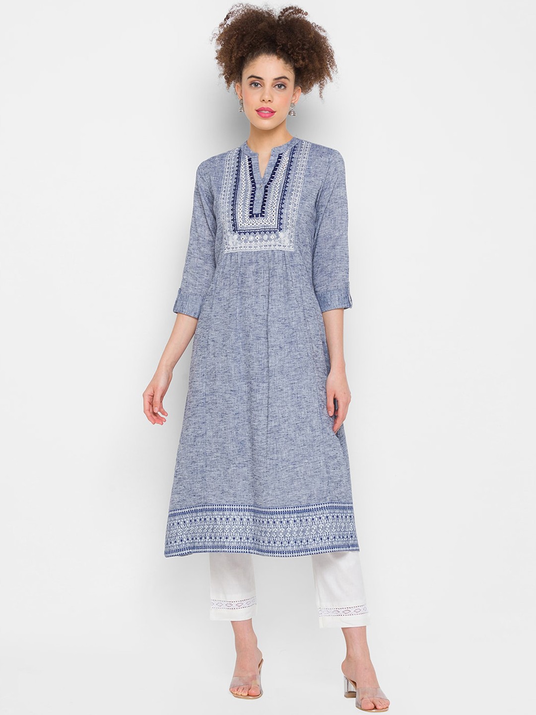 

Globus Women Blue Printed Kurta With Trousers