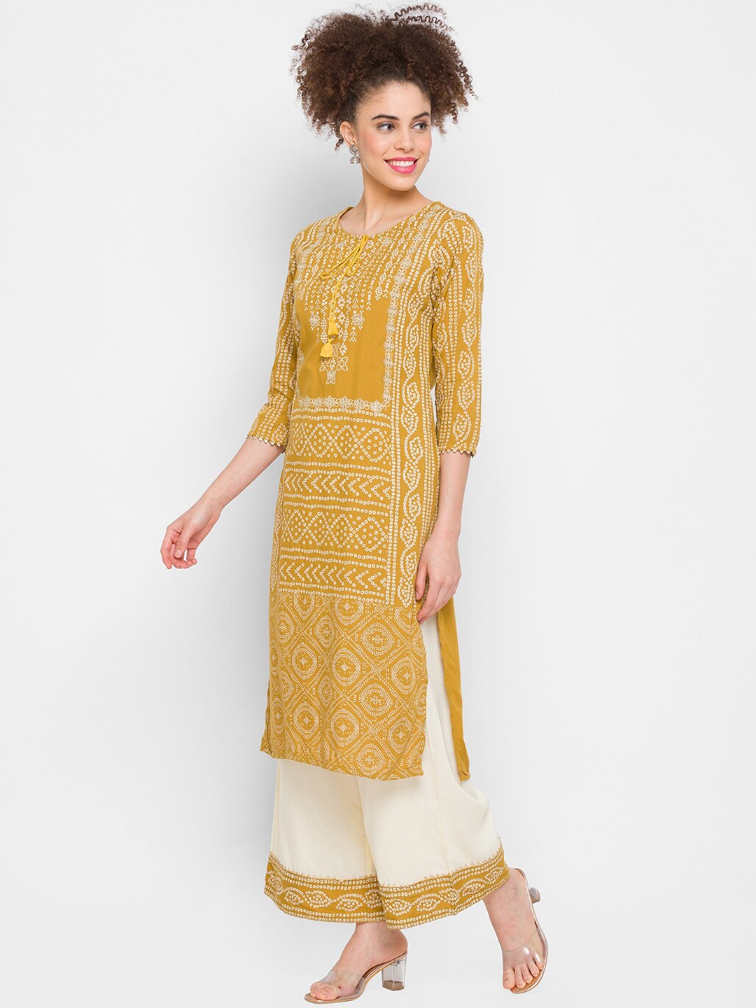 

Globus Women Yellow Ethnic Motifs Printed Kurta with Palazzos