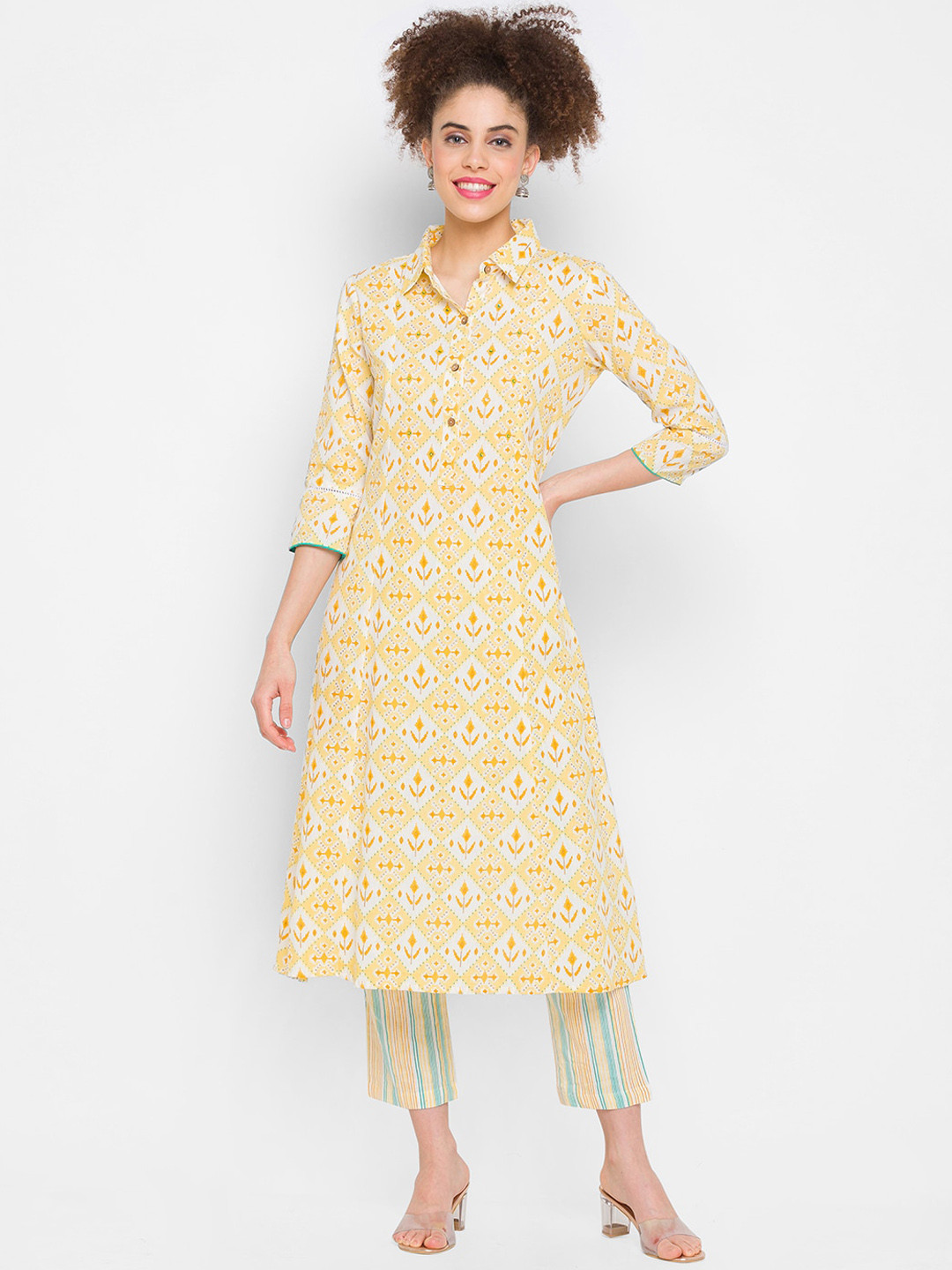 

Globus Women Yellow Printed Kurta with Trousers