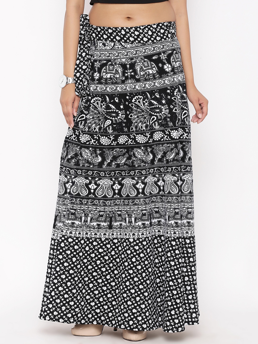 

SOUNDARYA Black & White Ethnic Print Wrap-Around Maxi Skirt