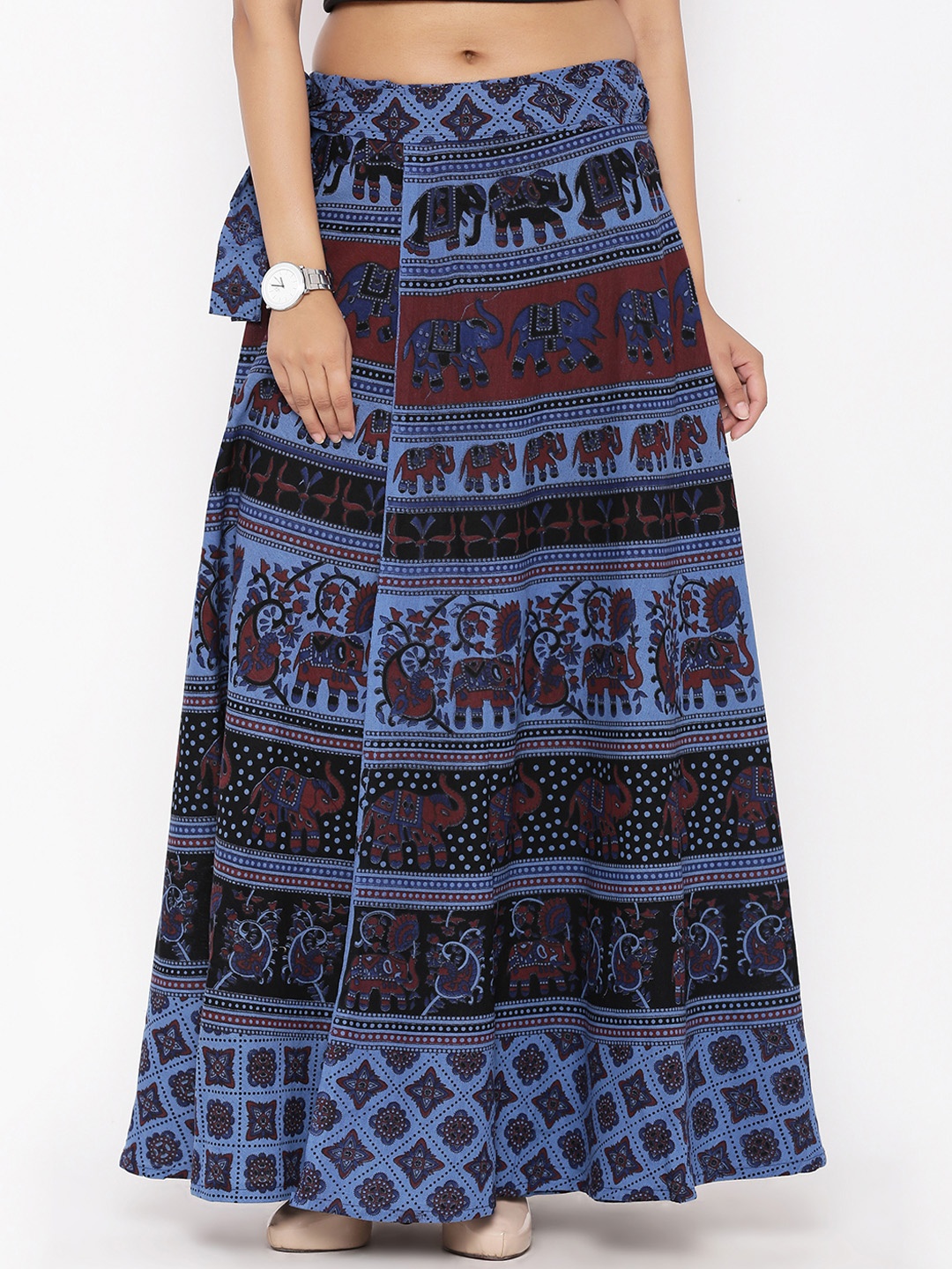 

SOUNDARYA Navy Ethnic Print Wrap-Around Maxi Skirt, Navy blue