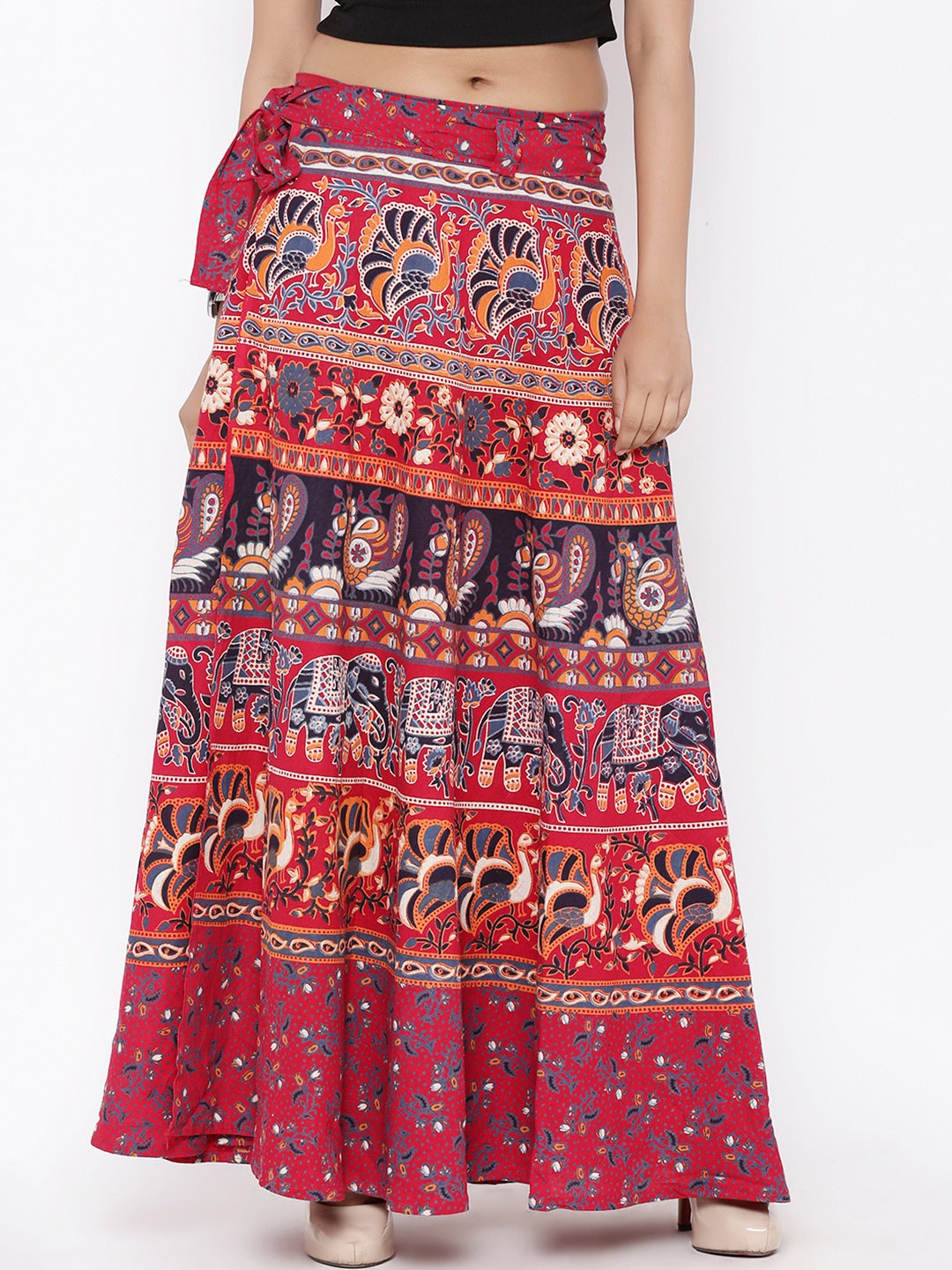

SOUNDARYA Red Ethnic Print Wrap-Around Maxi Skirt