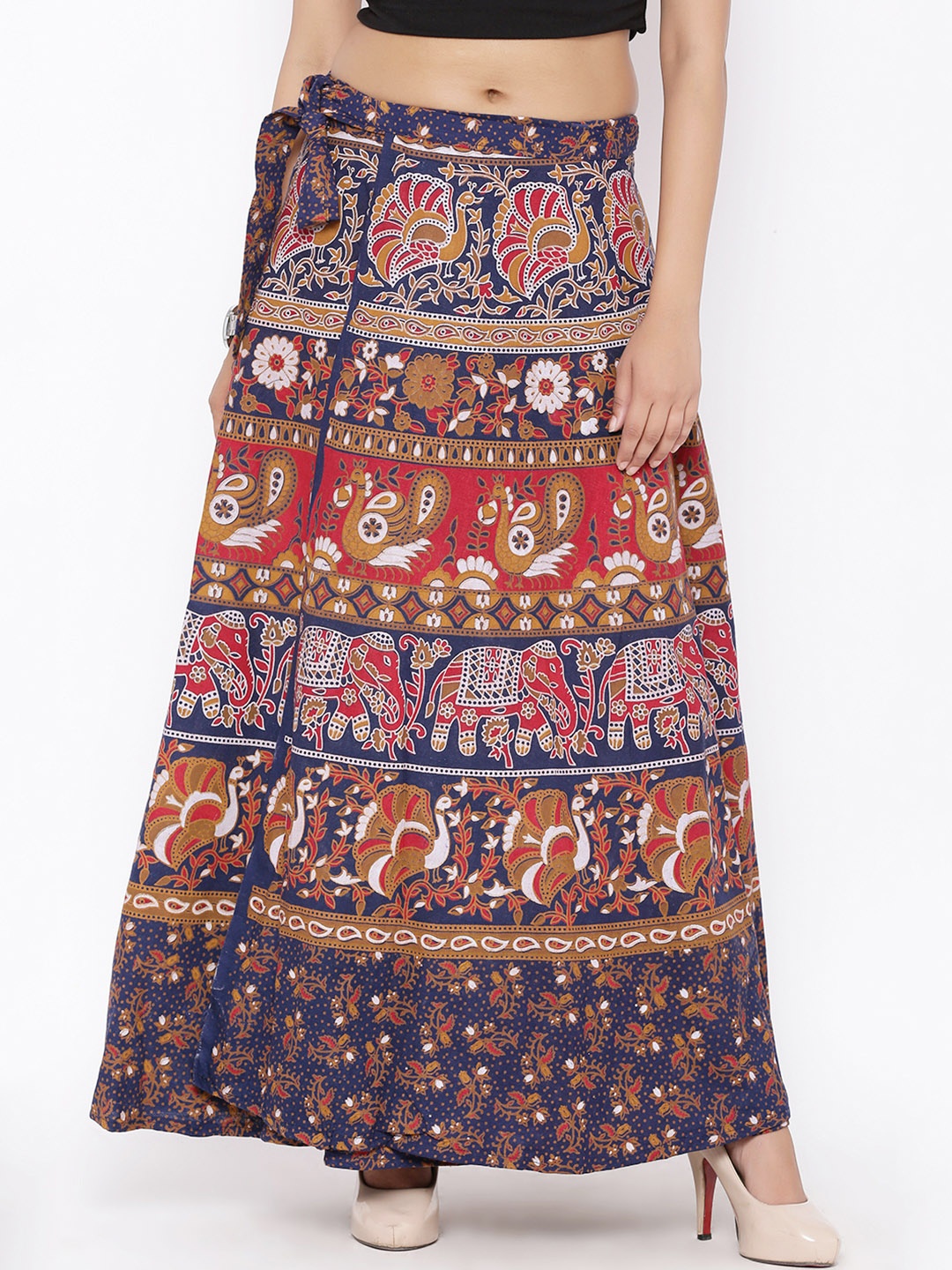 

SOUNDARYA Navy & Red Ethnic Print Wrap-Around Maxi Skirt, Navy blue